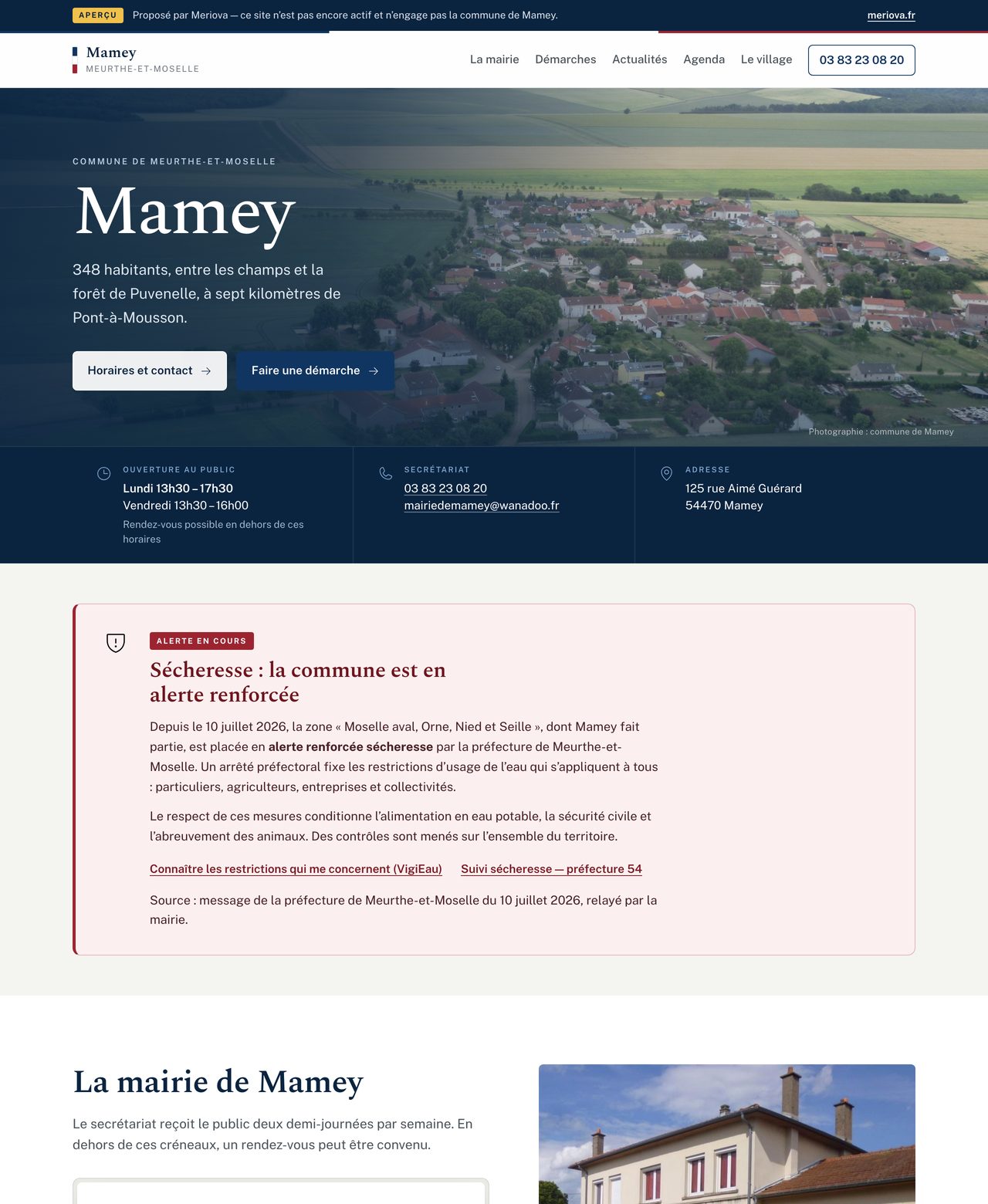 Capture de l’aperçu proposé : photographie aérienne du village, horaires de la mairie et alerte sécheresse en évidence.