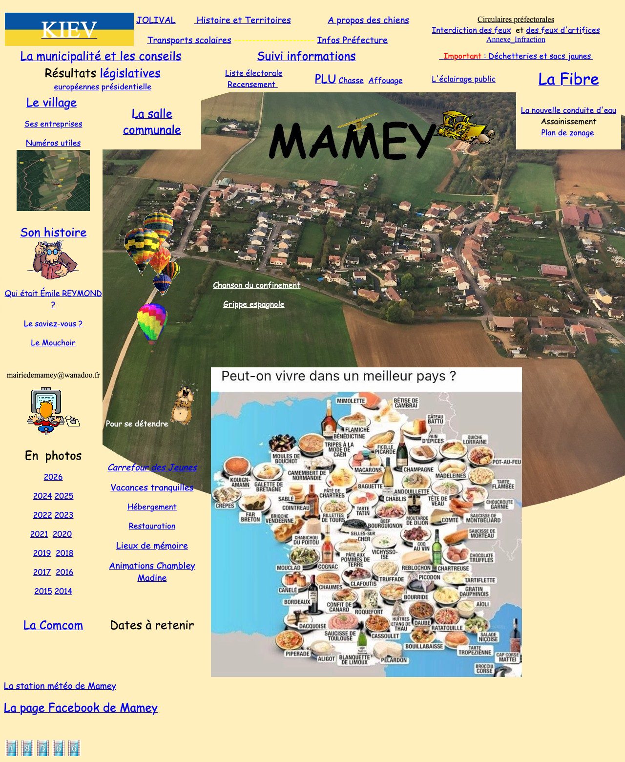 Capture du site actuel de la commune de Mamey : fond jaune, dizaines de liens en Comic Sans, images animées.